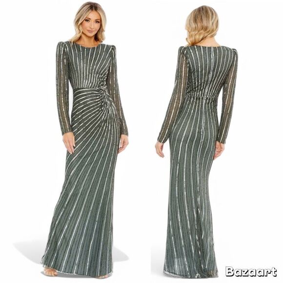 Mac‎ Duggal 5641 Embellished Gown Size 6 Puff Sleeve Side Knot Sequin Beaded - Picture 1 of 13